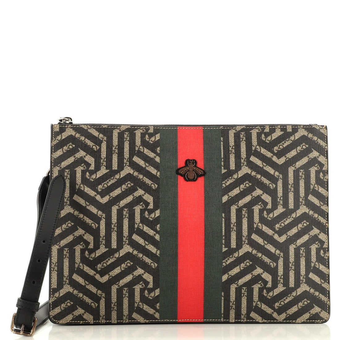 Gucci Bee Web Zip Messenger Bag: Gucci Bee Web Zip Messenger Bag Caleido GG Coated Canvas Large Exterior Color: Black, Brown Interior Color: Black Exterior Material: Canvas Coated Interior Material: Microfiber Hardware Color: Silver