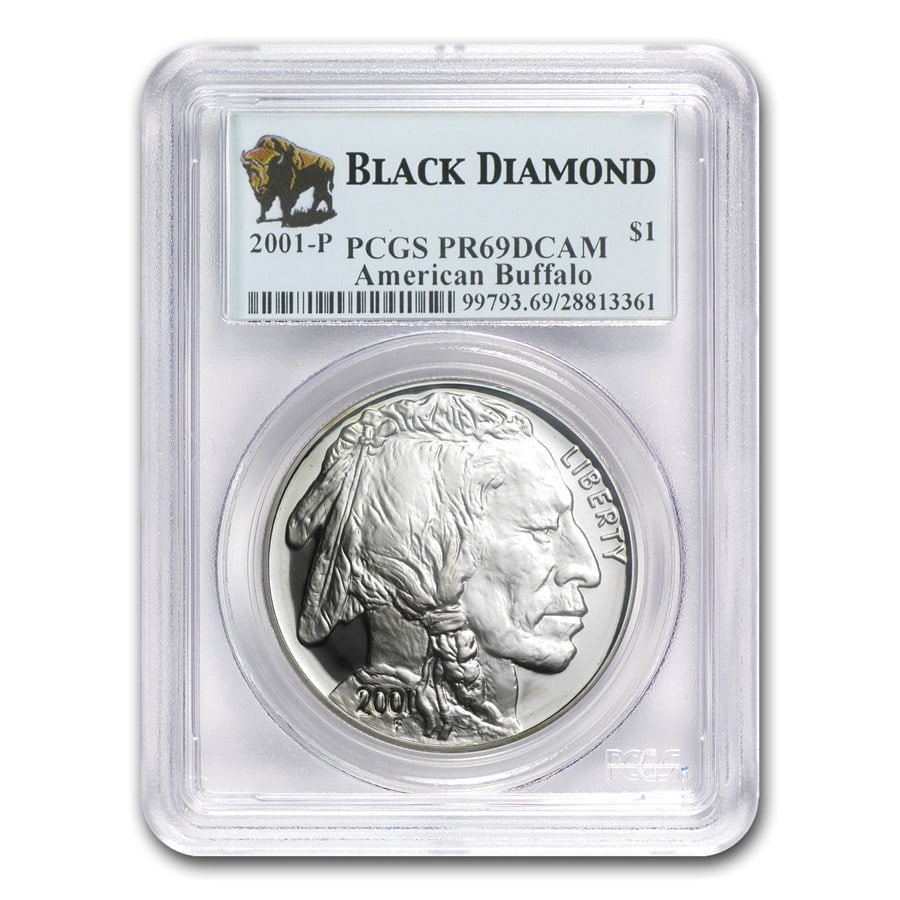 2001-P Buffalo $1 Silver Commem PR-69: 2001-P Buffalo $1 Silver Commem PR-69 PCGS (Black Diamond) SKU no: RBJ65259 Year: 2001 Grade Service: PCGS Denomination: $1.00 Dollar Metal Content: 0.7734 troy oz Purity: .900 Thickness: