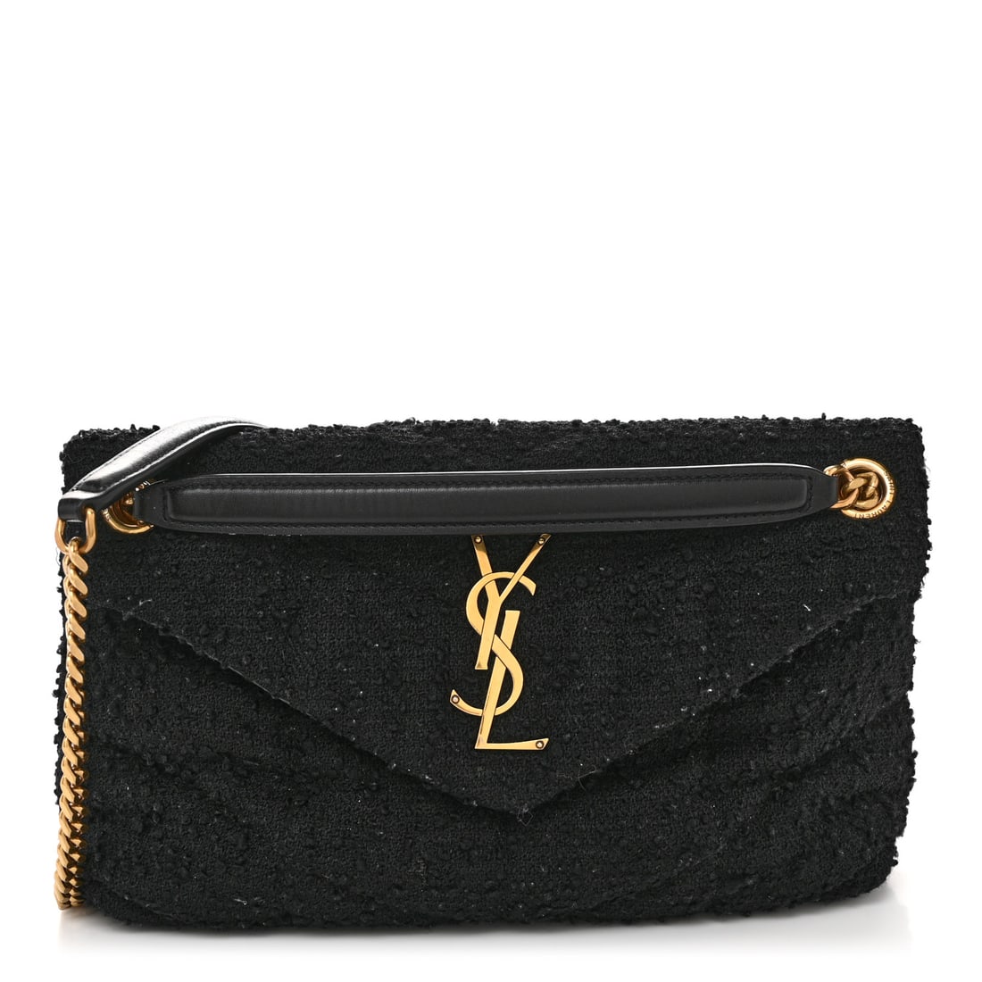 Saint Laurent Boucle Tweed Quilted Small: Saint Laurent Boucle Tweed Quilted Small Loulou Puffer Monogram Chain Satchel Black Brand: SAINT LAURENT Condition: Shows Wear Condition Details: Interior: Residue marks, scuffs, stain(s), Exterior: P