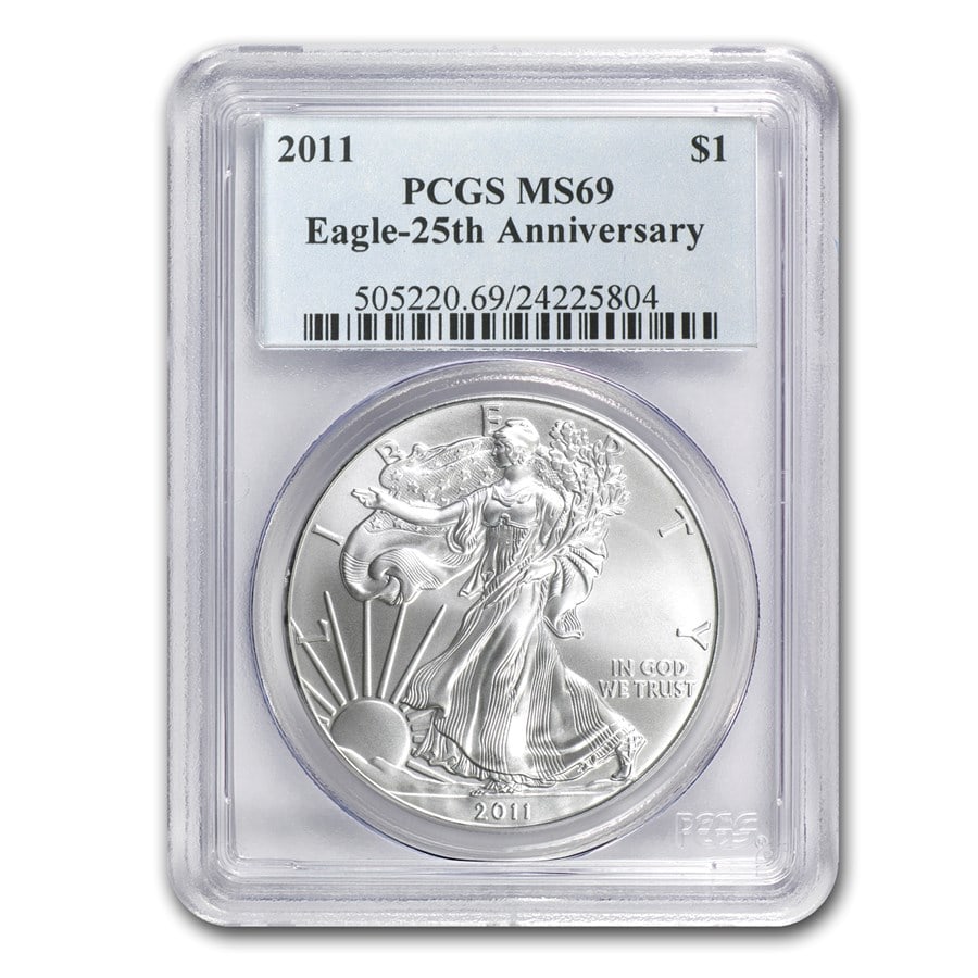2011 American Silver Eagle MS-69 PCGS: 2011 American Silver Eagle MS-69 PCGS SKU no: RBJ68147 Year: 2011 Grade Service: PCGS Denomination: 1 Dollar Metal Content: 1 troy oz Purity: .999 Thickness: 2.98 mm Diameter: 40
