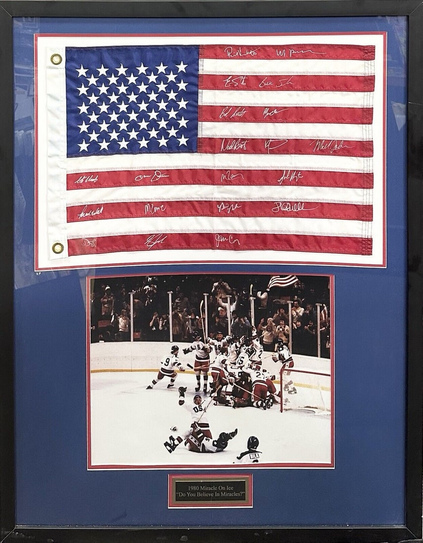 1980 miracle on ice hockey team signed framed usa flag w/ photo 20 autograph COA: 1980 miracle on ice hockey team signed framed usa flag w/ photo 20 autograph COA 1980 Miracle On Ice Hockey Team Signed Framed USA Flag W/ Photo 20 Autograph COA SKU no: RBJ8205687193688 Guidelines fo