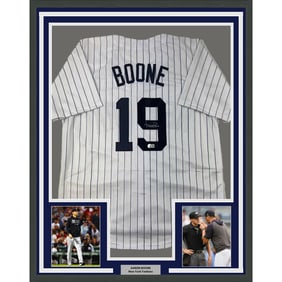 framed autographed/signed Aaron boone 33x42 pinstripe