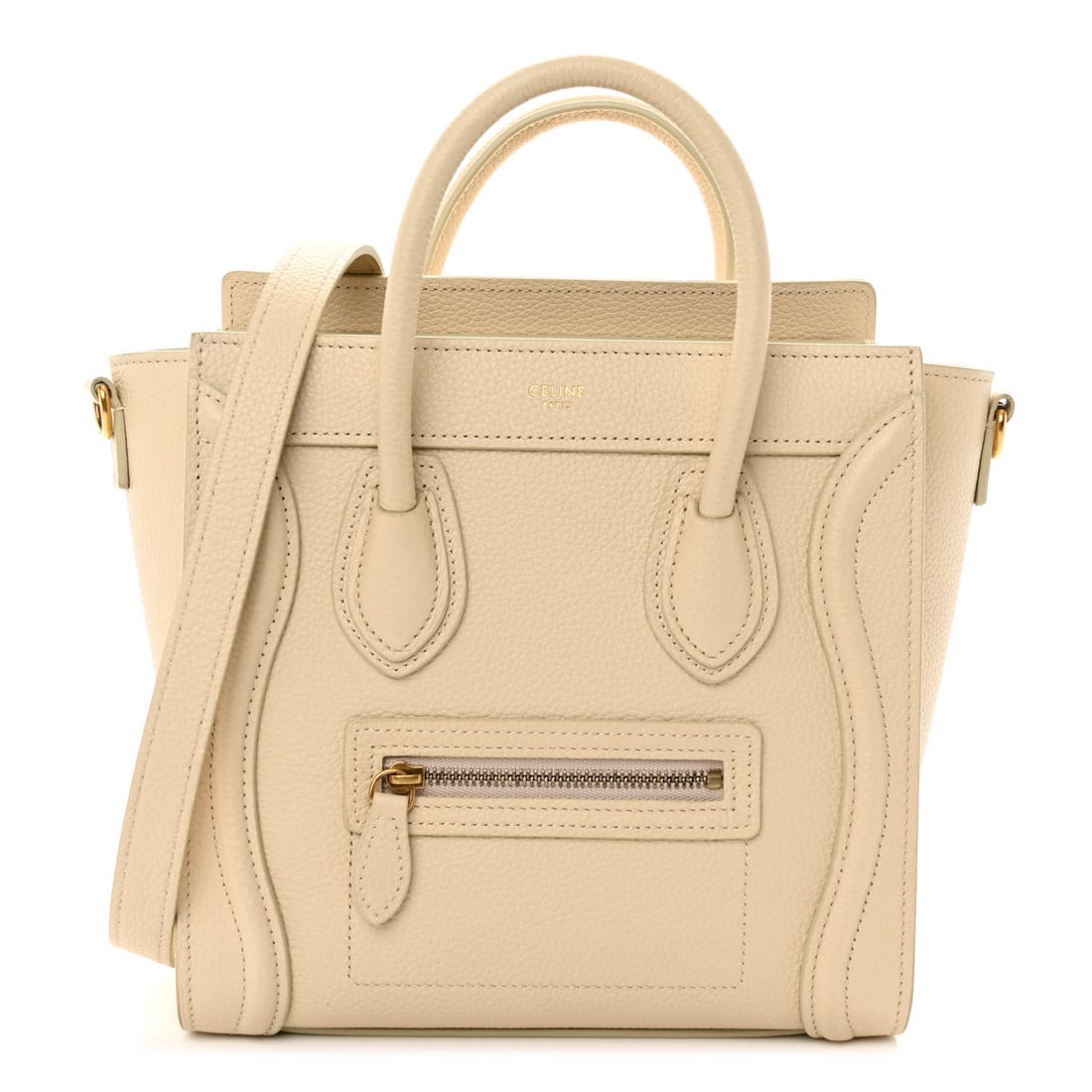 Celine Drummed Calfskin Nano Luggage Ivory: Celine Drummed Calfskin Nano Luggage Ivory Brand: CELINE Condition: Excellent Condition Details: Exterior: Marks, faint corner wear, Interior: Surface wear, Hardware: Faint scratch(es), , Strap, Dust