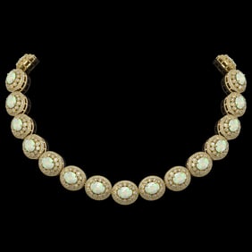 91.75 ctw Certified Opal & Diamond Victorian Necklace 14K Yellow Gold