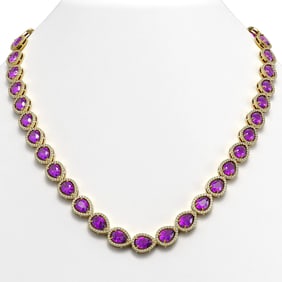 35.13 ctw Amethyst & Diamond Micro Pave Halo Necklace 10k Yellow Gold