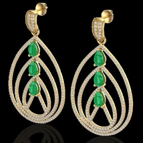 4 ctw Emerald & Micro Pave VS/SI Diamond Earrings 18k Yellow Gold