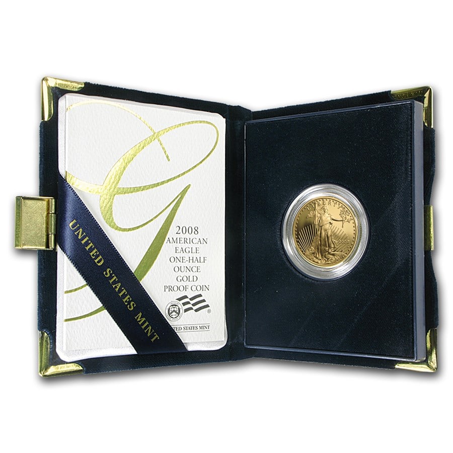 2008-W 1/2 oz Proof American Gold: 2008-W 1/2 oz Proof American Gold Eagle (w/Box & COA) SKU no: RBJ56352 Year: 2008 Grade: Proof Grade Service: None Denomination: 25 Dollars Mint Mark: W - West Point Metal Content: 0.5 tr