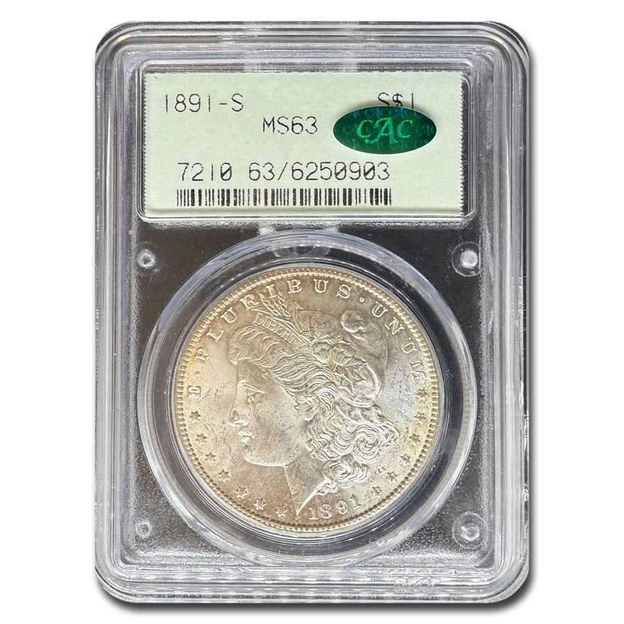 1891-S Morgan Dollar MS-63 PCGS CAC: 1891-S Morgan Dollar MS-63 PCGS CAC SKU no: RBJ309220 Year: 1891 Grade Service: PCGS Denomination: 1 Dollar Metal Content: 0.7734 troy oz Purity: .900 Diameter: 38.1 mm Guidel