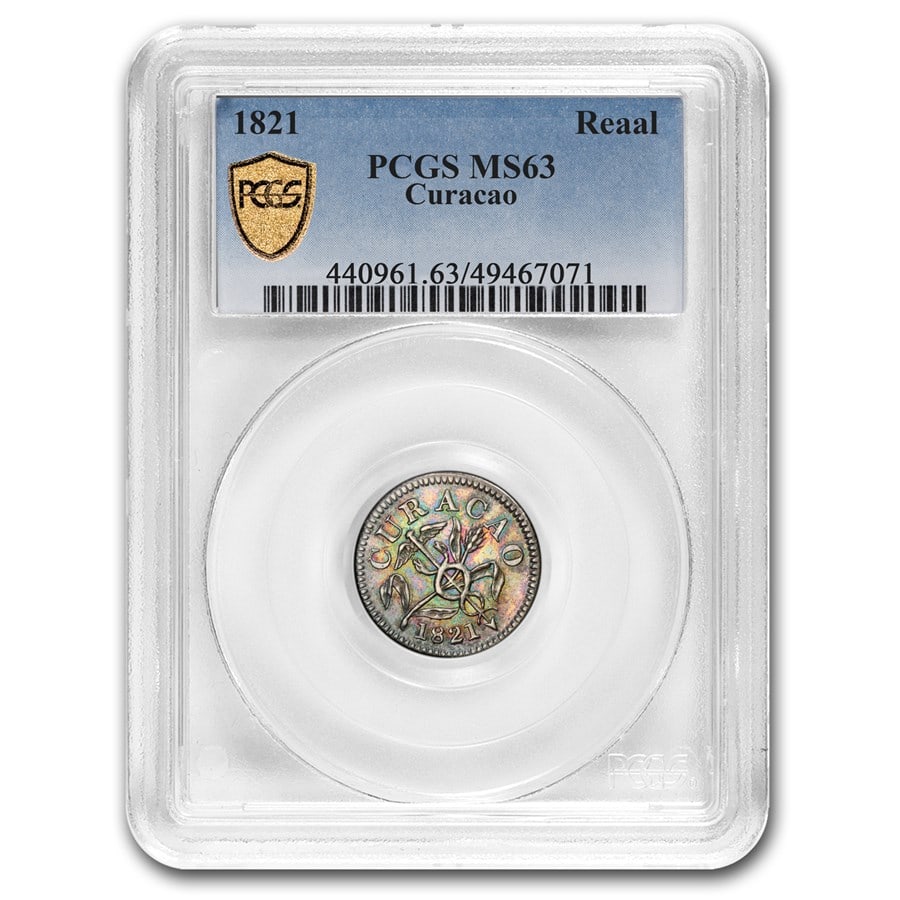 1821 Curacao Silver Reaal MS-63 PCGS: 1821 Curacao Silver Reaal MS-63 PCGS SKU no: RBJ308221 Year: 1821 Grade: MS-63 Grade Service: PCGS Denomination: 1 Reaal Mint Mark: None Metal Content: 0.0505 troy oz Purity: .89