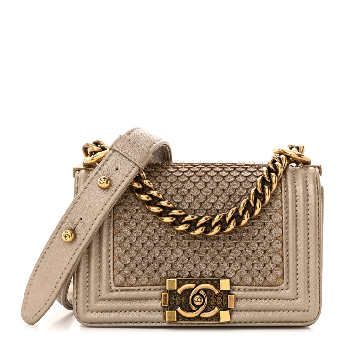 Chanel Metallic Lambskin Mini Scaled Boy: Chanel Metallic Lambskin Mini Scaled Boy Flap Gold Brand: CHANEL Condition: Excellent Condition Details: Exterior: Curling, faint corner wear, Hardware: Faint scratch(es), Base length: 5.75 in Height: