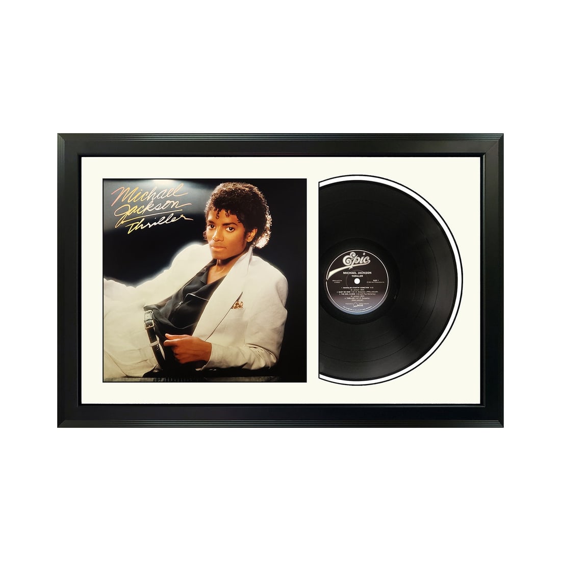 michael jackson "thriller" genuine vinyl record & cover professionally framed 17.5? x 26.5? display: michael jackson "thriller" genuine vinyl record & cover professionally framed 17.5? x 26.5? display with a white mat "Thriller" is the sixth studio album by the American singer and songwriter Michael 