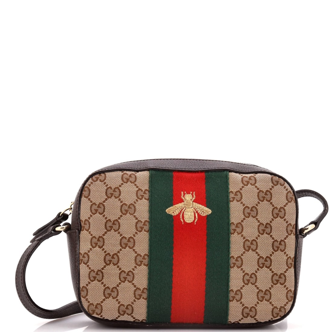 Gucci Bee Web Camera Bag GG: Gucci Bee Web Camera Bag GG Canvas Exterior Color: Print Interior Color: Neutral Exterior Material: Canvas Plain, Leather Interior Material: Fabric Hardware Color: Gold Tone Accessories: No Access