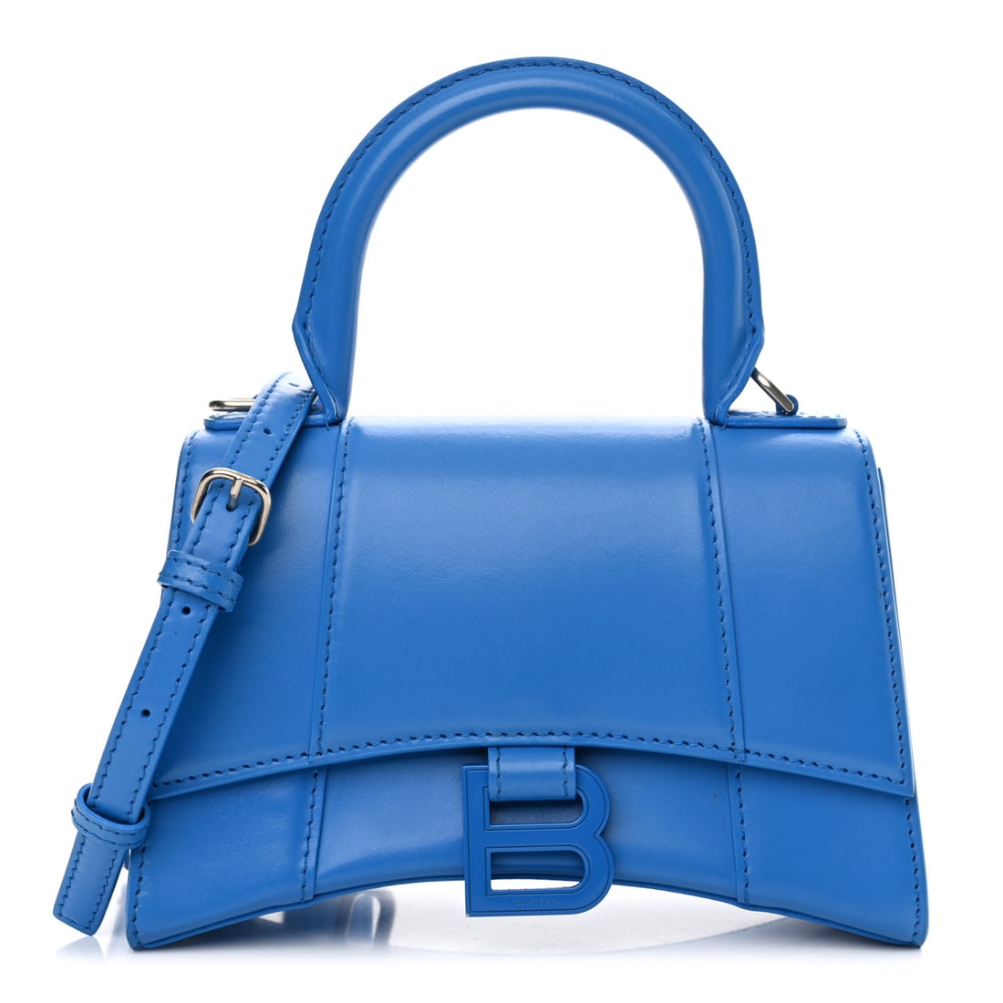 Balenciaga Shiny Box Calfskin Tonal B: Balenciaga Shiny Box Calfskin Tonal B Hourglass Top Handle Bag XS Screen Blue Brand: BALENCIAGA Condition: Excellent Condition Details: Exterior: Creases, scuffs, glue residue, marks, wear at resin gl
