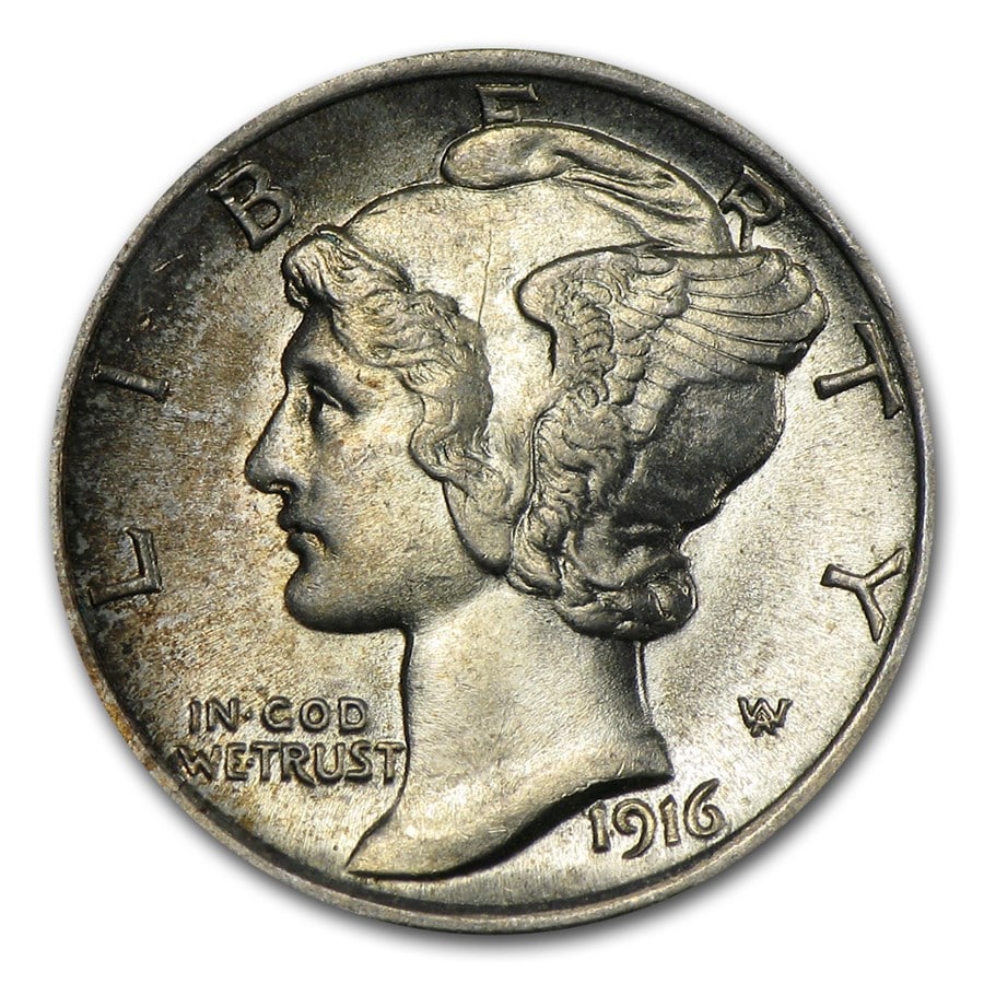 1916 Mercury Dime BU: 1916 Mercury Dime BU SKU no: RBJ67481 Year: 1916 Grade: MS-60 Grade Service: None Denomination: 10 Cents Mint Mark: P - Philadelphia (Not Shown) Metal Content: 0.0715 troy oz Pur