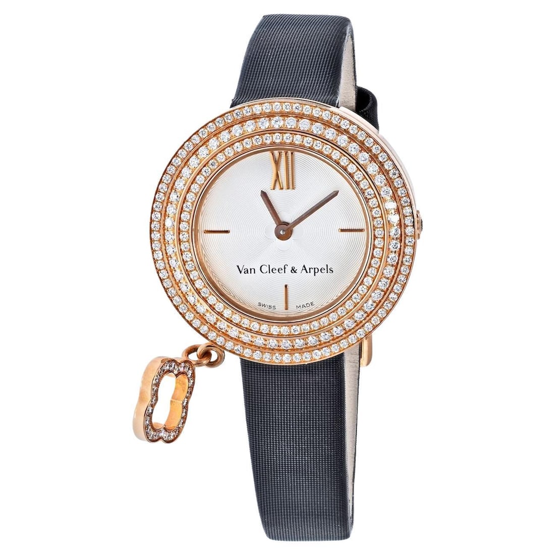 Van Cleef & Arpels Rose Gold: Van Cleef & Arpels Rose Gold Diamond Charm Alhambra Round Dial Ladies Watch Brand: Van Cleef & Arpels Case Material: 18k Gold, Rose Gold Stone: Diamond Stone Cut: Round Cut Case Shape: Round Movem
