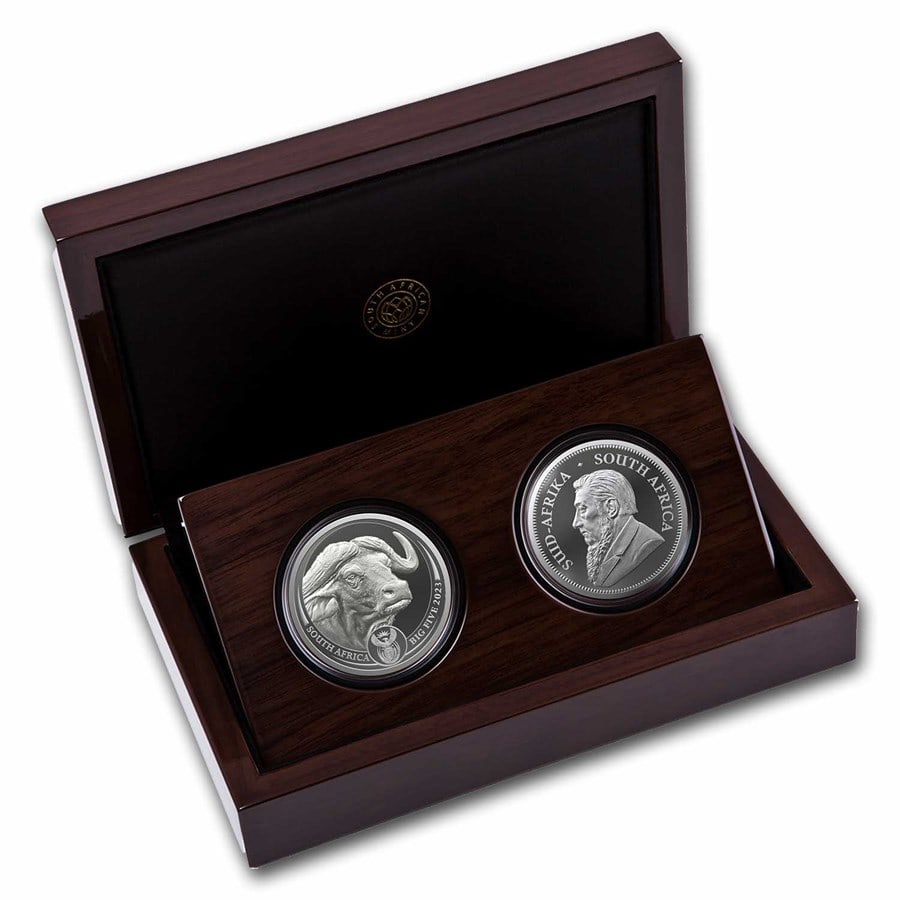 2023 South Africa 2-Coin Silver Krugerrand: 2023 South Africa 2-Coin Silver Krugerrand & Buffalo Proof Set SKU no: RBJ292753 Year: 2023 Grade: Proof Grade Service: None Denomination: Varies Mint Mark: Not Shown Metal Content: 2 tro