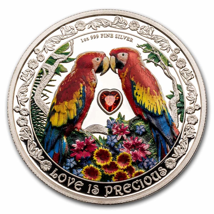 2025 Niue 1 oz Silver $2: 2025 Niue 1 oz Silver $2 Love is Precious - Macaw SKU no: RBJ307970 Year: 2025 Grade: Proof Grade Service: None Denomination: 2 Dollars Mint Mark: Not Shown Metal Content: 1 troy oz <