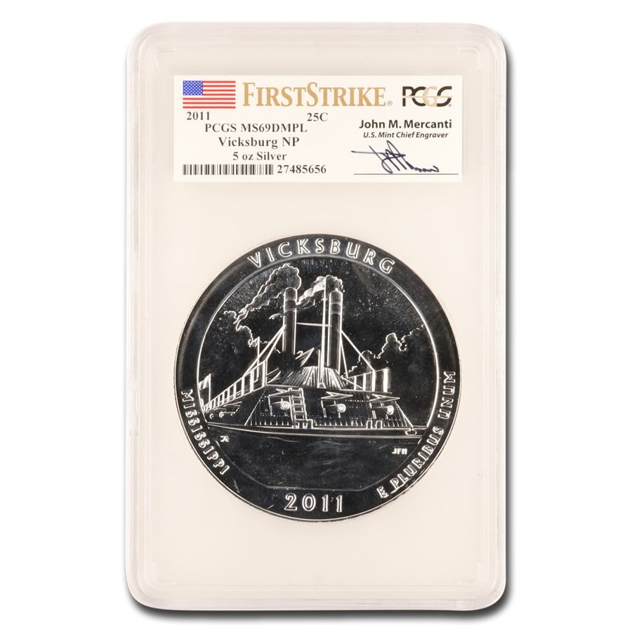 2011 5 oz Silver ATB Vicksburg: 2011 5 oz Silver ATB Vicksburg MS-69 DMPL PCGS (FS, Mercanti) SKU no: RBJ289542 Year: 2011 Grade Service: PCGS Denomination: 25 Cents Metal Content: 5 troy oz Purity: .999 Thickness: 4.06