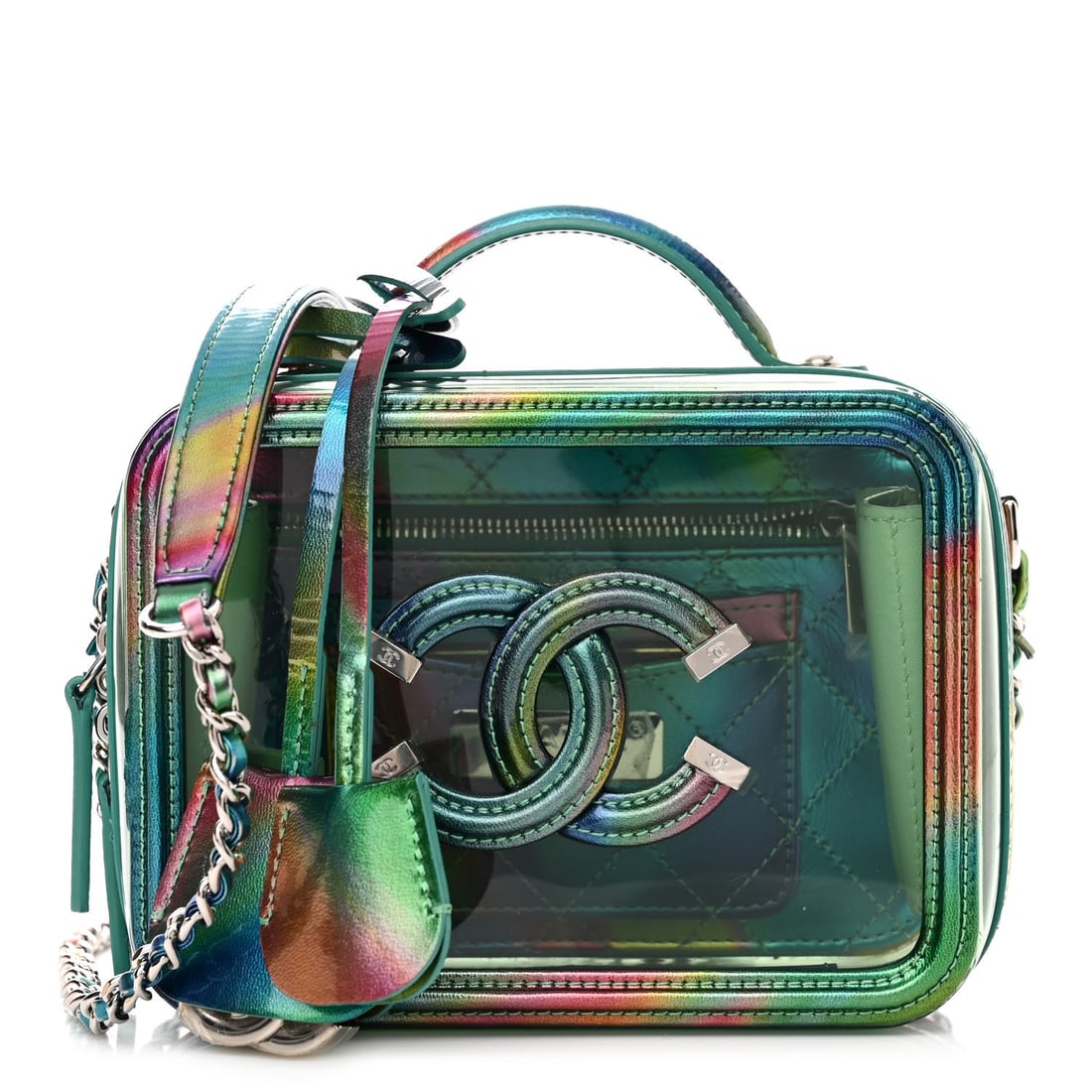 Chanel PVC Patent Calfskin Patent Lambskin: Chanel PVC Patent Calfskin Patent Lambskin Small CC Vanity Case Green Brand: CHANEL Condition: Shows Wear Condition Details: Interior: Residue marks, scuffs, surface wear, marks, Exterior: Scuffs, edg