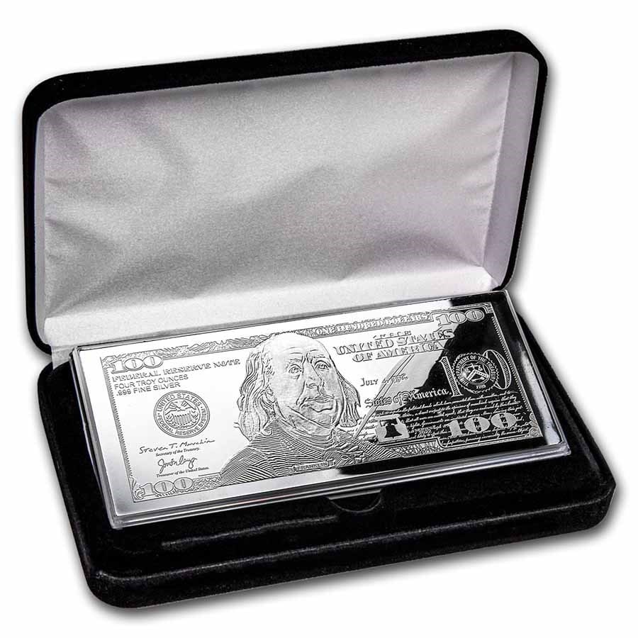 4 oz Silver Bar - 2022: 4 oz Silver Bar - 2022 $100 Bill (w/Box & COA) SKU no: RBJ247297 Year: 2022 Grade: None Grade Service: None Mint Mark: N/A - Not Available Metal Content: 4 troy oz Purity: .999 T
