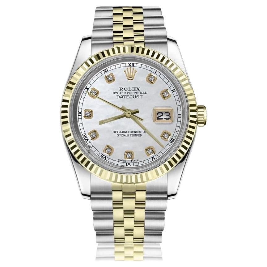 Rolex Datejust Two Tone White MOP: Rolex Datejust Two Tone White MOP Dial with Diamond Watch 69173 Brand: Rolex Design: Datejust WatchDatejust Collection Stone: Diamond Stone Cut: Round Cut Place of Origin: Switzerland Period: 1990