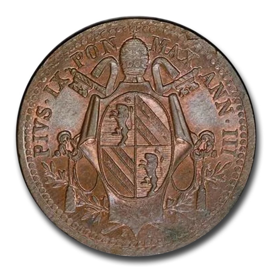 1848-R Italy Papal States 1/2 Baiocco: 1848-R Italy Papal States 1/2 Baiocco MS-65 PCGS (Brown) SKU no: RBJ303795 Year: 1848 Grade Service: PCGS Denomination: 1/2 Baiocco Metal Content: 0 troy oz Purity: None Diameter: 0 mm