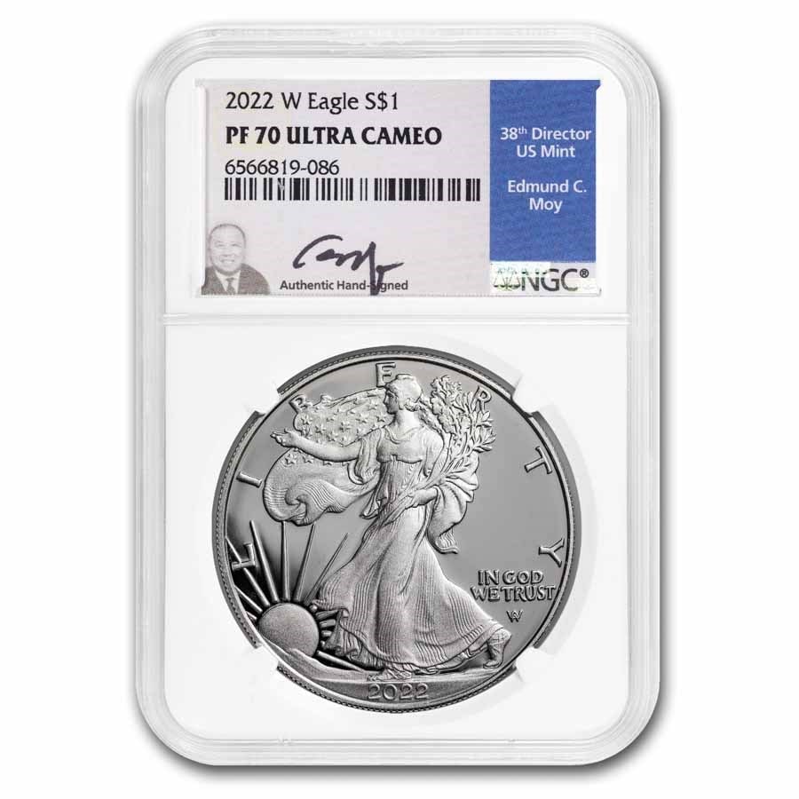 2022-W 1 oz Proof Silver American: 2022-W 1 oz Proof Silver American Eagle PF-70 NGC (Moy) SKU no: RBJ290035 Year: 2022 Grade: Proof - 70 UCAM Grade Service: NGC Denomination: 1 Dollar Mint Mark: W - West Point Metal Conte