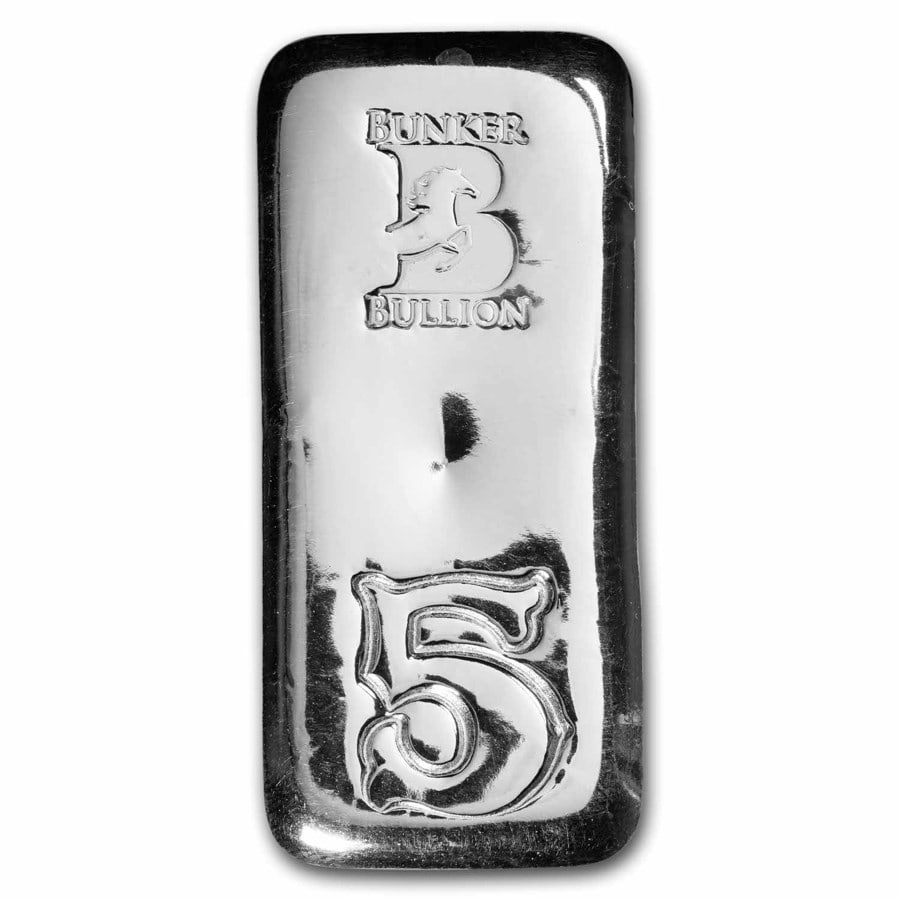 5 oz Cast-Poured Silver - Bunker: 5 oz Cast-Poured Silver - Bunker Bullion Vertical Big Number Bar SKU no: RBJ274791 Grade: None Grade Service: None Mint Mark: N/A - Not Available Metal Content: 5 troy oz Purity: .999 Thi