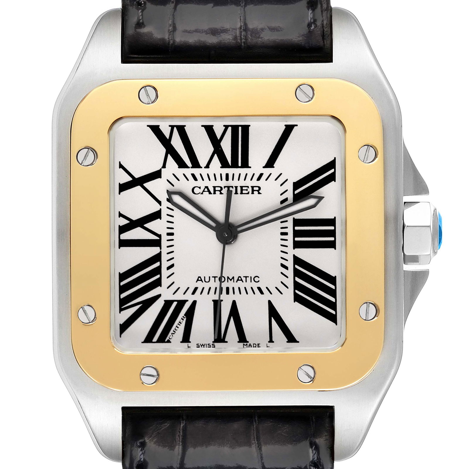 Cartier Santos 100 Steel Yellow Gold: Cartier Santos 100 Steel Yellow Gold 38mm Silver Dial Mens Watch SKU no: RBJ66888 Brand: Cartier Model Name: Cartier Santos 100 Steel Yellow Gold 38mm Silver Dial Mens Watch W20072X7 Model Number: W20