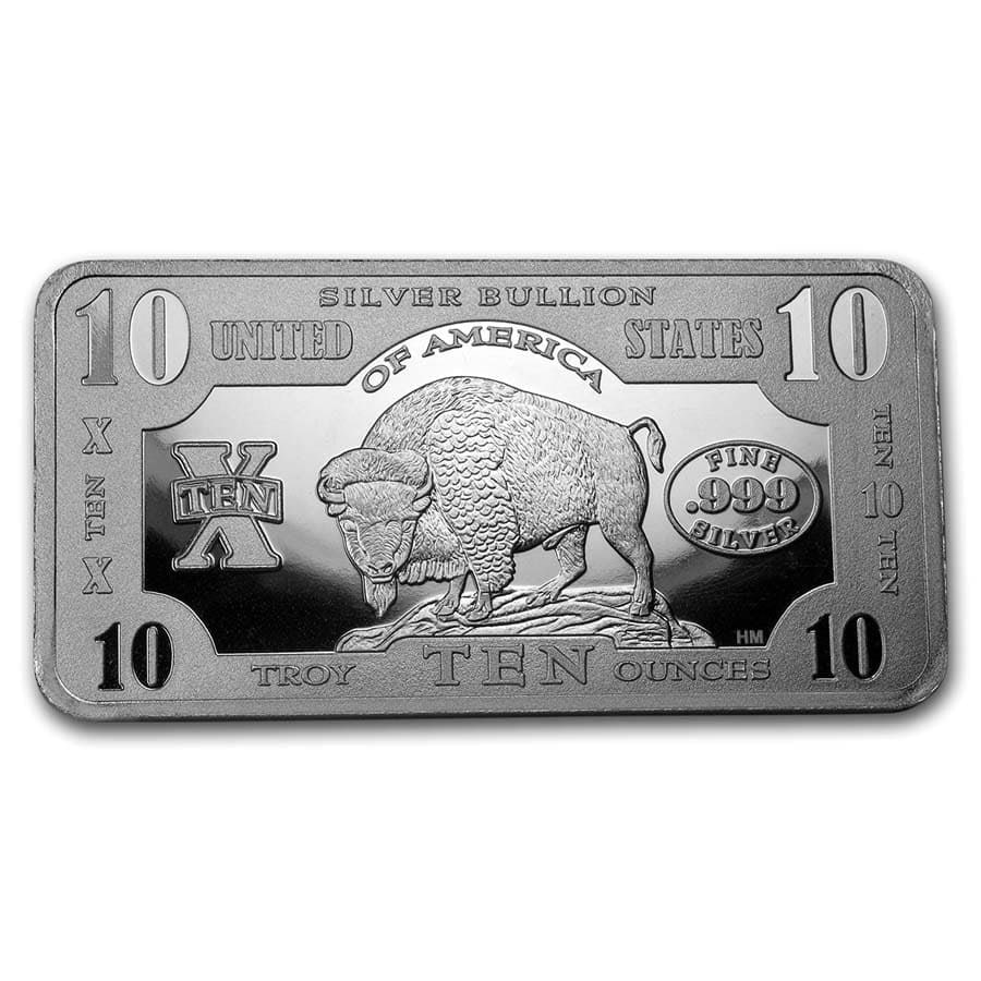 10 oz Silver Bar - 1901: 10 oz Silver Bar - 1901 $10 Bison SKU no: RBJ186874 Year: N/A Grade: None Grade Service: None Denomination: 1 oz Mint Mark: N/A - Not Available Metal Content: 10 troy oz Purity: