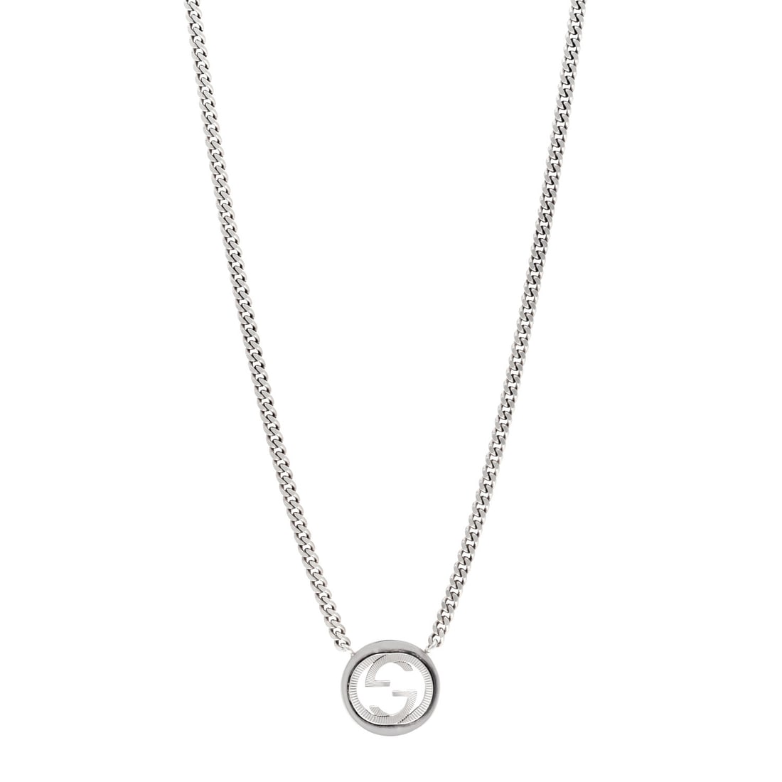 Gucci Sterling Silver Interlocking G Textured: Gucci Sterling Silver Interlocking G Textured Pendant Necklace Brand: GUCCI Condition: Shows Wear Condition Details: Hardware: Scratch(es), , Box, Pouch, Due to grading limitations imposed by mounted
