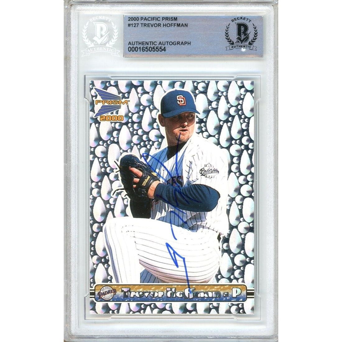 trevor hoffman san diego padres signed: trevor hoffman san diego padres signed 2000 pacific prisms card beckett auth auto slab This autographed 2000 Pacific Prism baseball card of Trevor Hoffman is a valuable addition to any collection for
