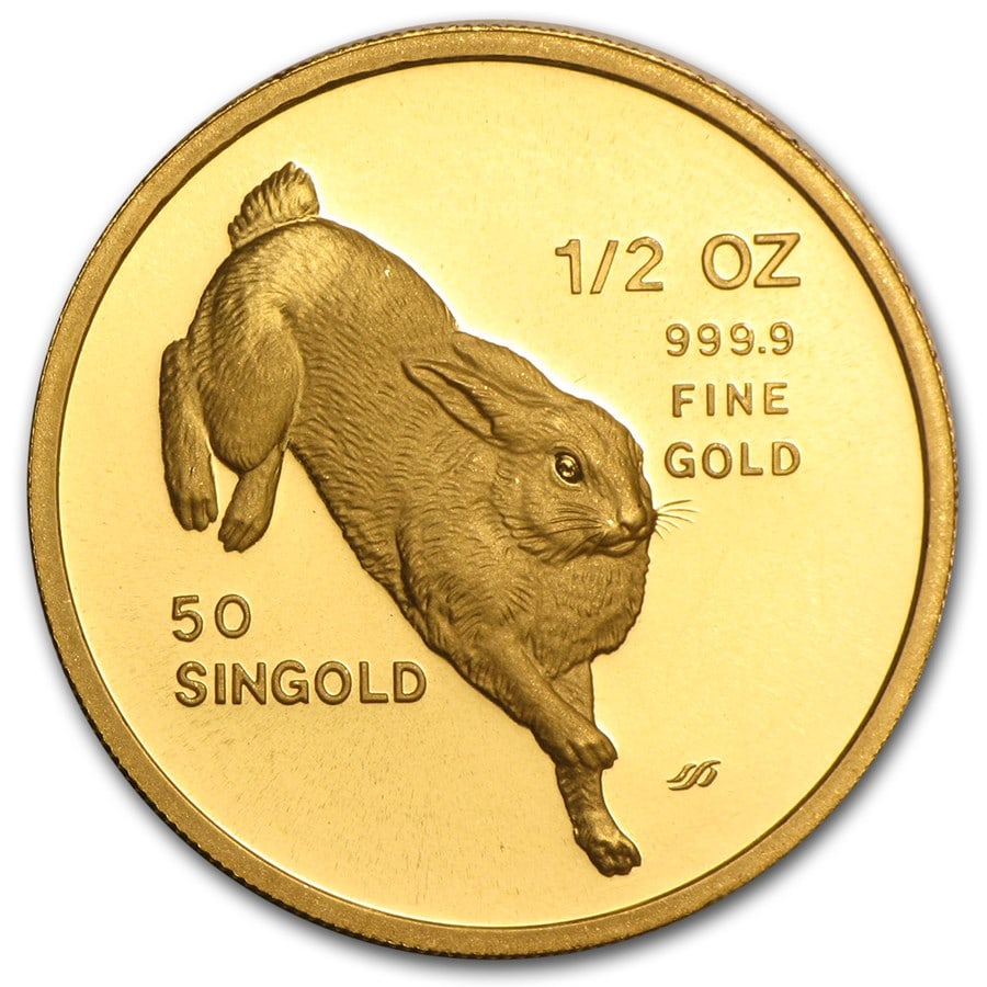 1987 Singapore 1/2 oz Proof Gold: 1987 Singapore 1/2 oz Proof Gold 50 Singold Rabbit Product ID: 14518 Year: 1987 Grade: Proof Grade Service: None Denomination: 50 Singold Mint Mark: Not Shown Metal Content: 0.5 troy oz <