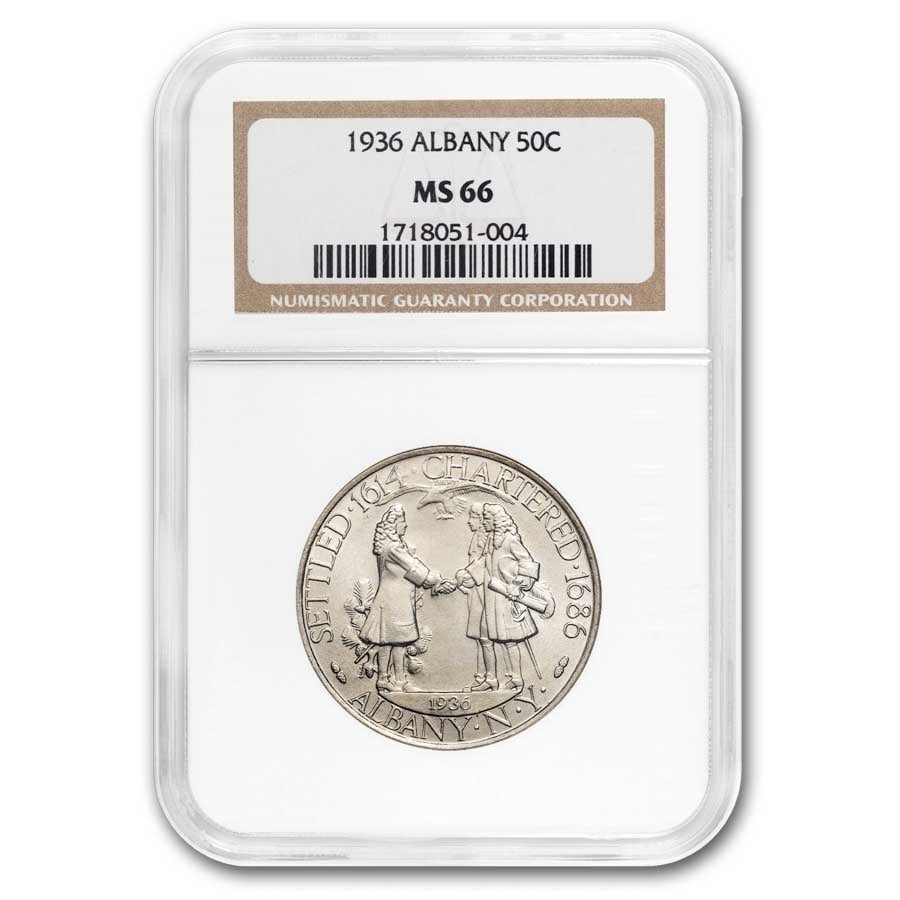 1936 Albany NY Charter 250th Anniversary: 1936 Albany NY Charter 250th Anniversary Commem MS-66 NGC Product ID: 43158 Year: 1936 Grade Service: NGC Denomination: 50 Cents Metal Content: 0.3617 troy oz Purity: .900 Thickness: 2.15