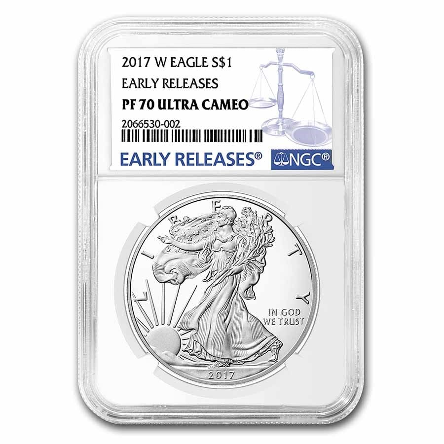 2017-W Proof American Silver Eagle PF-70: 2017-W Proof American Silver Eagle PF-70 NGC (Early Release) Product ID: 102952 Year: 2017 Grade Service: NGC Denomination: $1.00 Metal Content: 1 troy oz Purity: .999 Thickness: 2.98 mm