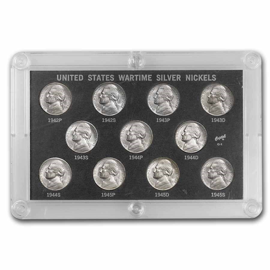 1942-1945 35% Silver Wartime Nickel Set: 1942-1945 35% Silver Wartime Nickel Set - BU Product ID: 24280 Year: Set Grade: Brilliant Unc Grade Service: None Denomination: 5 Cents Mint Mark: Varies Metal Content: 0.6188 troy oz