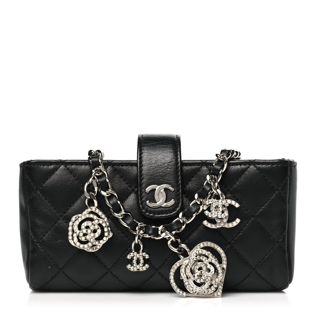 Chanel Lambskin Quilted Crystal Valentine Charms: Chanel Lambskin Quilted Crystal Valentine Charms Mini Phone Holder Crossbody Bag Black Brand: CHANEL Condition: Excellent Condition Details: Exterior: Creases, scuffs, Handle: Edge wear, Interior: Sur