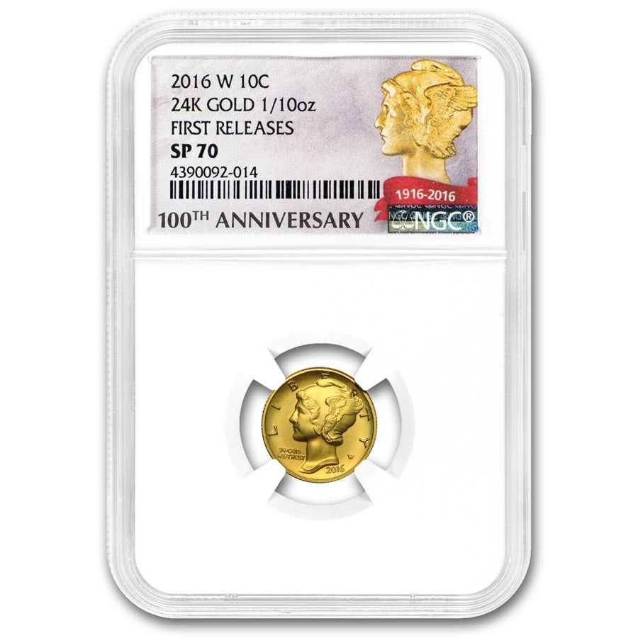 2016-W 1/10 oz Gold Mercury Dime: 2016-W 1/10 oz Gold Mercury Dime SP-70 NGC Product ID: 152601 Year: 2016 Grade: SP - 70 Grade Service: NGC Denomination: 10 Cents Mint Mark: W - West Point Metal Content: 0.1 troy oz