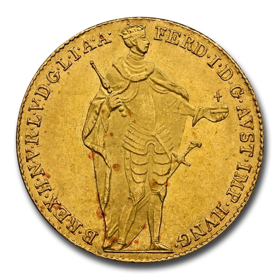 1843 Hungary Gold Ducat Ferdinand V: 1843 Hungary Gold Ducat Ferdinand V MS-63 NGC Product ID: 303498 Year: 1843 Grade: MS-63 Grade Service: NGC Denomination: 1 Ducat Mint Mark: None Metal Content: 0.111 troy oz Pur