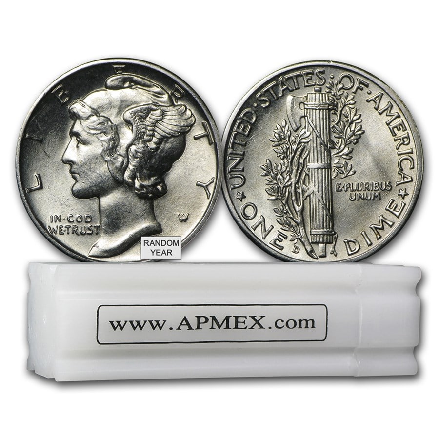 90% Silver Mercury Dime 50-Coin Roll: 90% Silver Mercury Dime 50-Coin Roll BU (Random Years) Product ID: 63829 Year: Random Grade: Brilliant Unc Grade Service: None Denomination: $0.10 Mint Mark: Varies Metal Content: 3.575 t