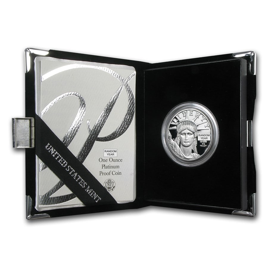 1 oz Proof American Platinum Eagle: 1 oz Proof American Platinum Eagle (Random Year, w/Box & COA) Product ID: 60190 Year: Random Grade: Proof Grade Service: None Denomination: 100 Dollars Mint Mark: W - West Point Metal Con