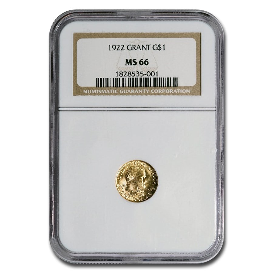 1922 Gold $1.00 Grant No Star: 1922 Gold $1.00 Grant No Star MS-66 NGC Product ID: 152991 Year: 1922 Grade Service: NGC Denomination: 1 Dollar Metal Content: 0.0483 troy oz Purity: .900 Thickness: .76 mm Diame