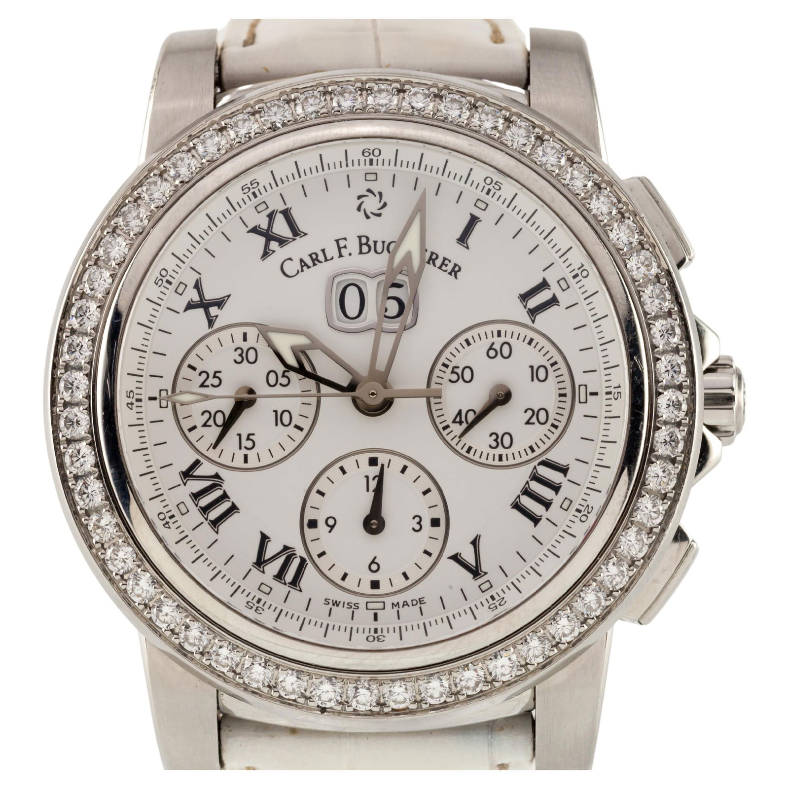 Carl F. Bucherer Patravi Chronodate Automatic: Carl F. Bucherer Patravi Chronodate Automatic Watch with Diamond Bezel Brand: Carl F. Bucherer Case Material: Stainless Steel Stone: Diamond Stone Cut: Round Cut Weight: 109.3 g Strap Material: Le