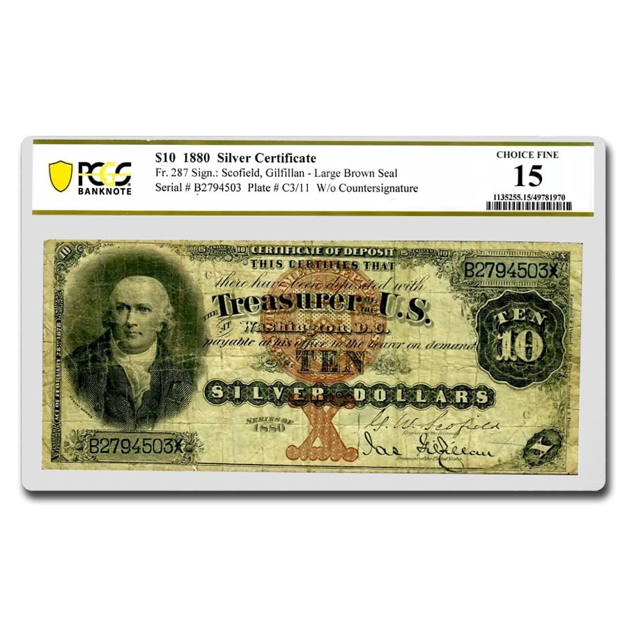 1880 $10 Silver Certificate Robert Morris: 1880 $10 Silver Certificate Robert Morris Fine-15 PCGS (Fr#287) Product ID: 304781 Year: 1880 Grade: Fine - 15 Grade Service: PCGS Denomination: 10 Dollars Mint Mark: N/A - Not Available