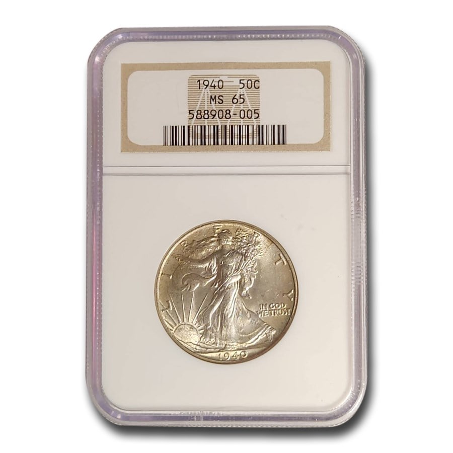 1940 Walking Liberty Half Dollar MS-65: 1940 Walking Liberty Half Dollar MS-65 NGC Product ID: 30404 Year: 1940 Grade Service: NGC Denomination: 50 Cents Metal Content: 0.3617 troy oz Purity: .900 Thickness: 2.15 mm Di