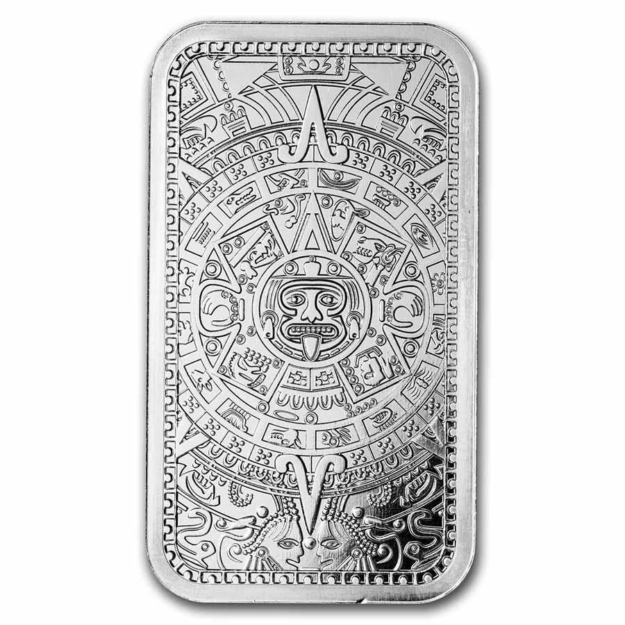 5 oz Silver Bar - Aztec: 5 oz Silver Bar - Aztec Product ID: 272269 Grade: None Grade Service: None Mint Mark: N/A - Not Available Metal Content: 5 troy oz Purity: .999 Thickness: 6.5 mm Diameter: N/A mm