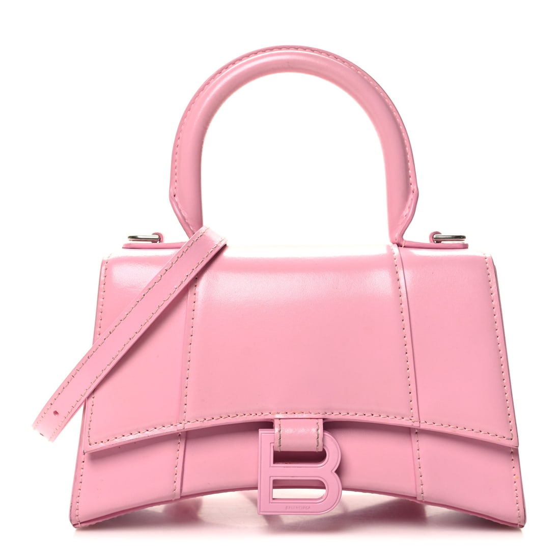 Balenciaga Shiny Box Calfskin Tonal B: Balenciaga Shiny Box Calfskin Tonal B Hourglass Top Handle Bag XS Candy Pink Brand: BALENCIAGA Condition: Shows Wear Condition Details: Exterior: Corner wear, edge wear, marks, wear at resin glazing,