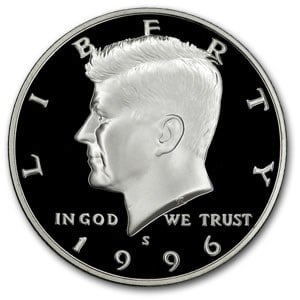 1996-S Silver Kennedy Half Dollar Gem: 1996-S Silver Kennedy Half Dollar Gem Proof Product ID: 6128 Year: 1996 Grade: Proof Grade Service: None Denomination: 50 Cents Mint Mark: S - San Francisco Metal Content: 0.3575 troy oz