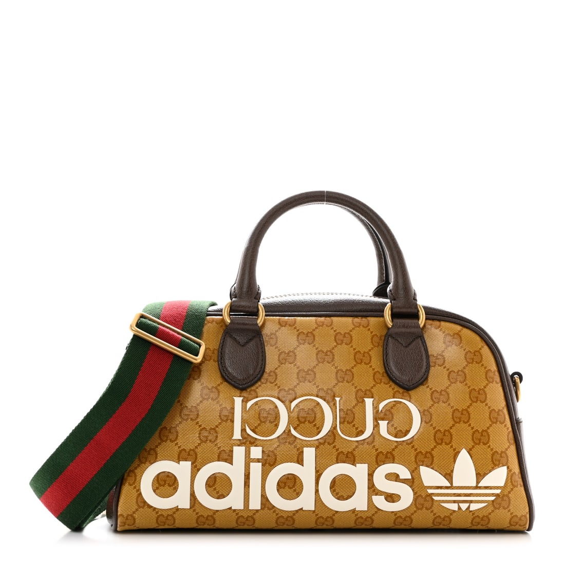 Gucci X ADIDAS Crystal Vintage Monogram: Gucci X ADIDAS Crystal Vintage Monogram Textured Dollar Calfskin Web Trefoil Logo Mini Bowling Bag Mid Natural Nut Off White New Acero Brand: GUCCI Condition: Shows Wear Condition Details: Interior: M