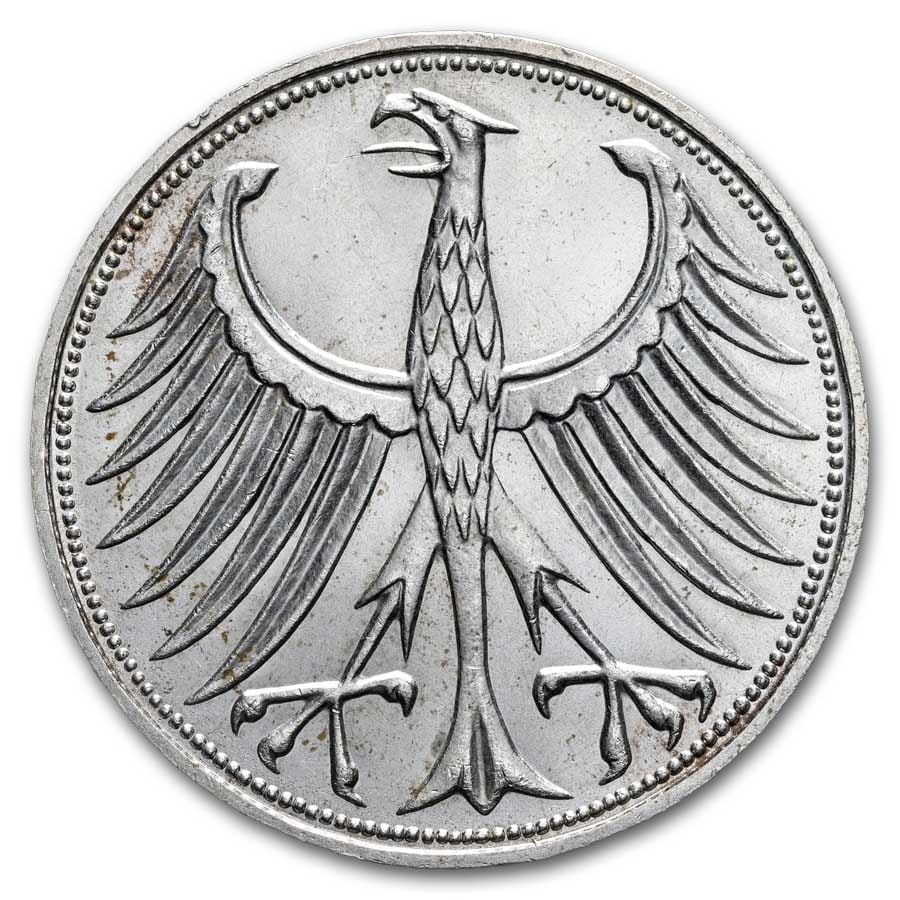 1951-1974 Germany Silver 5 Deutsche Mark: 1951-1974 Germany Silver 5 Deutsche Mark BU Product ID: 299966 Year: Random Grade: Brilliant Unc Grade Service: None Denomination: 5 Deutsche Mark Mint Mark: N/A - Not Available Metal Con